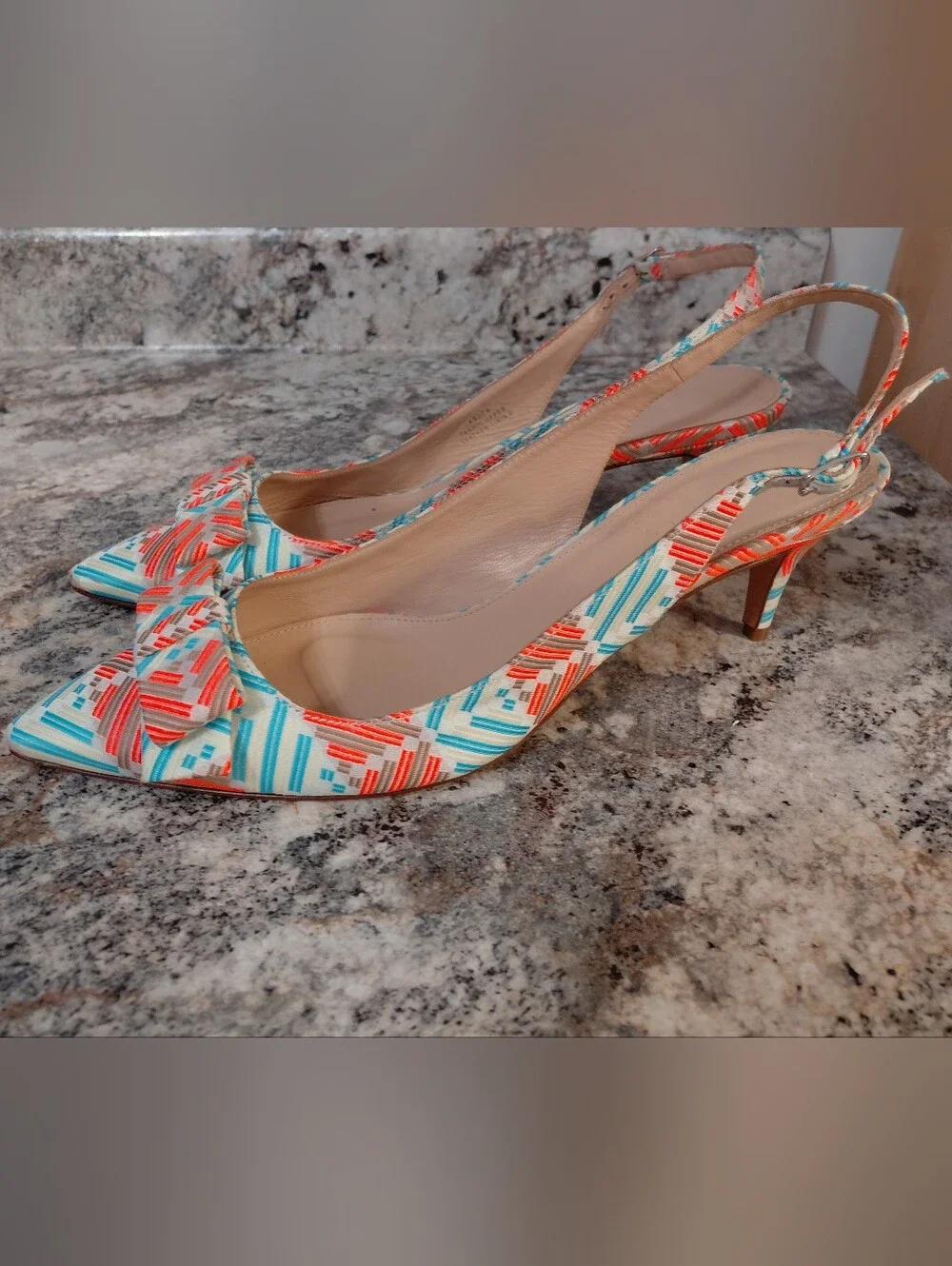 J. Crew Teal & Coral Leather Slingback Heels With A Bow